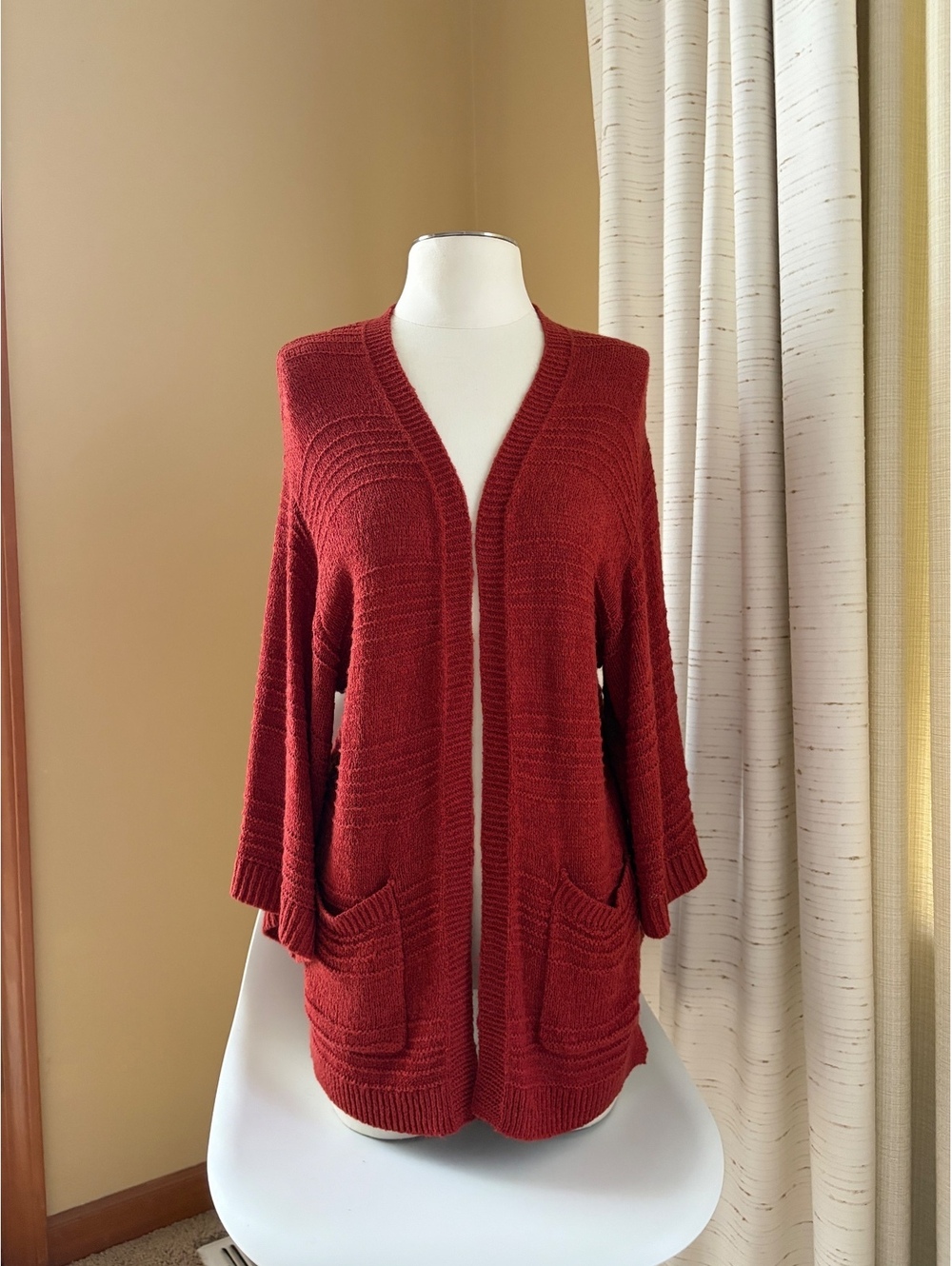 Old Navy Rust Orange Textured Knit Cardigan Sweater Open Front 3/4 Sleeve XS